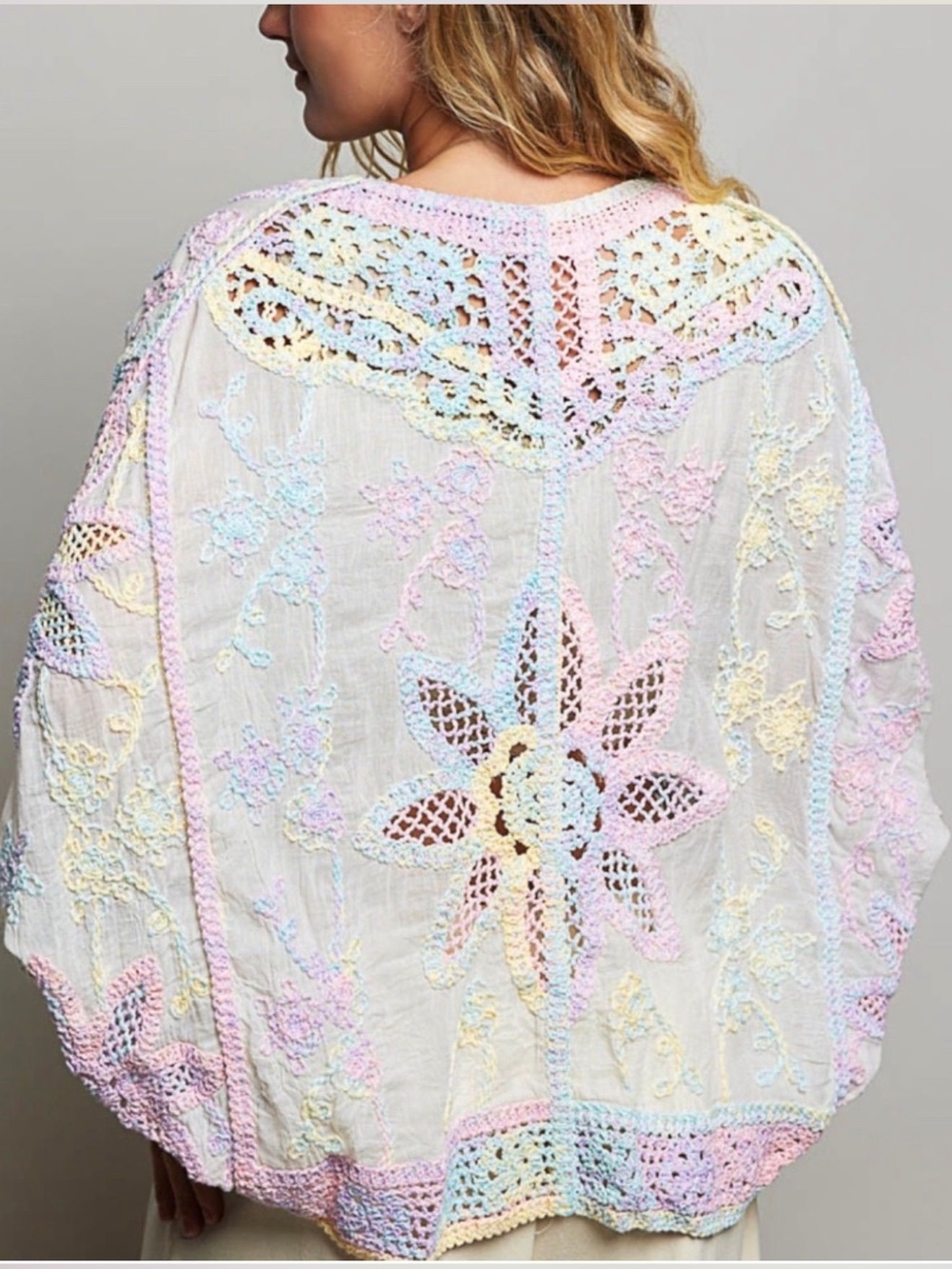 New Pastel Crochet-Trim Floral Kimono shirt pastel POL ONE SIZE